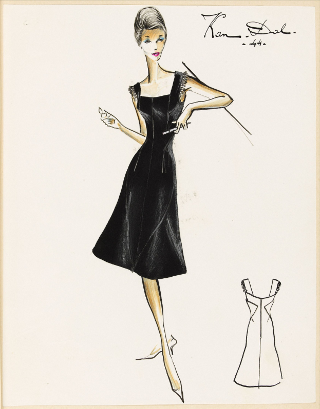 Schwarze und weiße Zeichnung einer Frau in einem eng anliegenden schwarzen Kleid mit einem ausladenden Rock, schwarzen High Heels und einem eleganten Dutt, geschaffen von Jean Paul Gaultier.