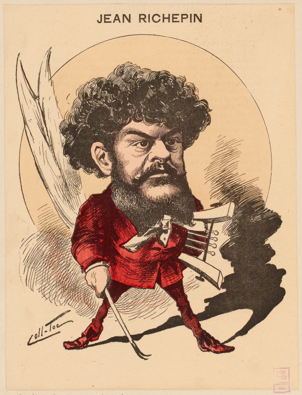 Eine Karikatur von Jean Richepin, einem französischen politischen Karikaturisten, der ein rotes Kleid trägt und einen Stock hält, mit Text oben auf dem Bild.