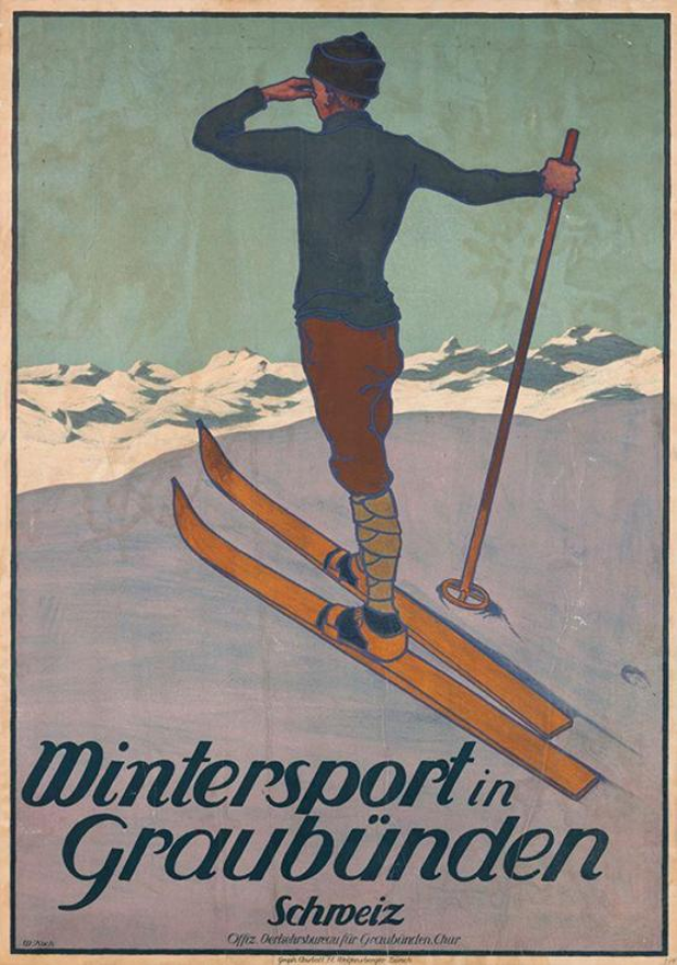 Eine Person auf Skiern, die einen Stock hält, vor schneebedeckten Bergen auf einem Plakat, das einen Wintersport in Graubünden, Schweiz, bewirbt.