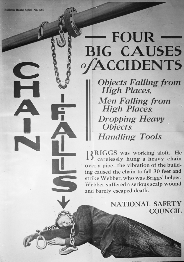 Ein schwarz-weißes Plakat mit einer Person auf einem Pfahl liegend und Ketten, betitelt mit "Vier große Unfallursachen".