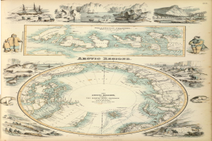 Altes Buch mit einer detaillierten Karte der Arktisregion, die Illustrationen von Menschen, Tieren und Text enthält.