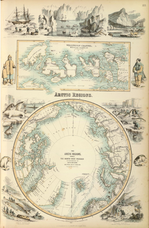 Altes Buch mit einer detaillierten Karte der Arktisregion, die Illustrationen von Menschen, Tieren und Text enthält.