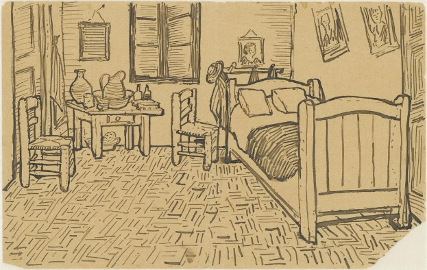 Ein Plakat, das ein Zimmer mit einem Bett, Kissen, Foto Rahmen, Kleidung, einem Stuhl, einem Tisch mit verschiedenen Gegenständen, einem weiteren Stuhl, einem Fenster und Wänden zeigt.