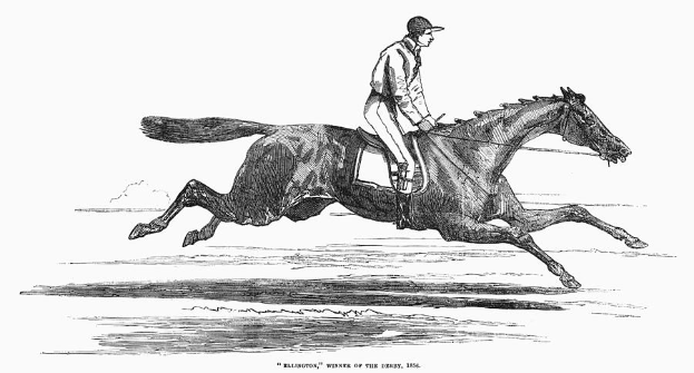 Eine Schwarz-Weiß-Zeichnung eines Jockeys in Hut und langem Mantel auf einem galoppierenden Pferd, mit der Aufschrift "Sieger des Derbys 1886" unten.