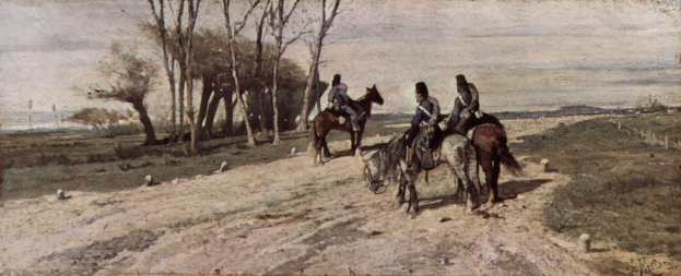 Gemälde namens "Reiter auf der Straße" von Joseph Mallord William Turner, das eine Gruppe von Menschen in traditioneller Kleidung zeigt, die auf Pferden eine Schotterstraße entlangreiten, umgeben von hohen, grünen Bäumen unter einem tiefblauen Himmel mit vereinzelten weißen Wolken.