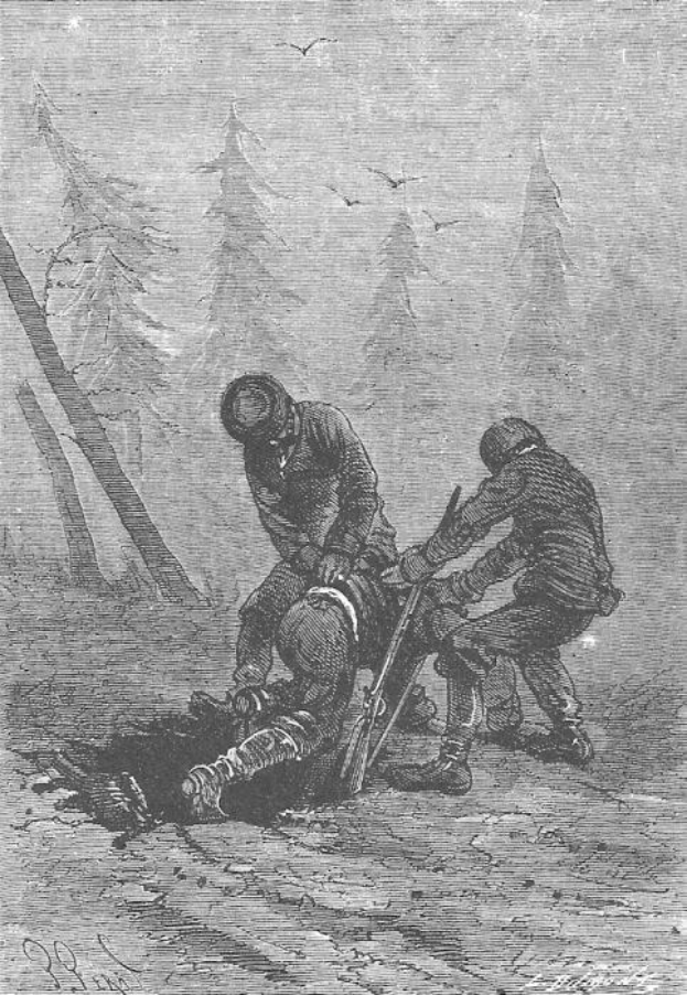 Schwarze und weiße Gravur von zwei Männern in einem Waldgebiet, einer hält ein Gewehr, mit Bäumen und fliegenden Vögeln im Hintergrund und Text unten lesbar "Der Tod eines deutschen Soldaten".