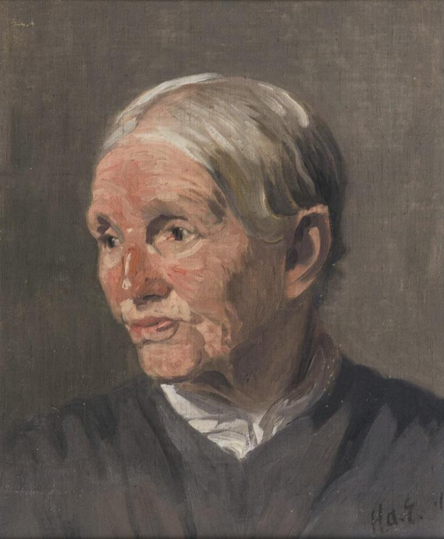 Ein alter Mann mit weißem Haar und einem schwarzen Hemd, gemalt im Porträtstil, hat einen warmen und einladenden Ausdruck mit geschlossenen Augen und leicht geöffneten Lippen, der ihm einen friedlichen und zufriedenen Eindruck vermittelt, mit ordentlich gekämmtem Haar und schlichter, zeitloser Kleidung.