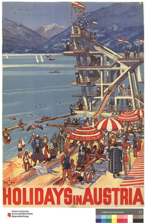 Plakat, das Urlaube in Österreich bewirbt, zeigt Menschen am Strand mit Schirmen, ein Schiff im Hintergrund, schwingende Flaggen, entfernte Berge und Text.