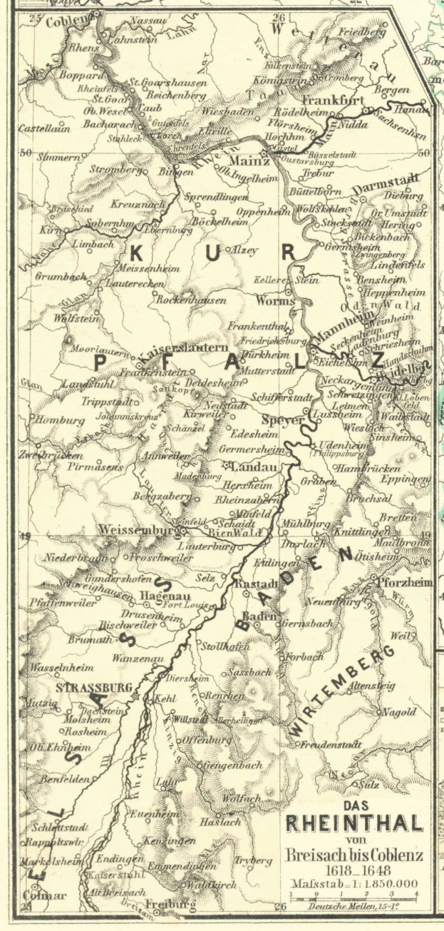 Alte Karte des Rheins in Deutschland mit detaillierten Fluss- und Stadtmarkierungen, einschließlich Text oben und unten.