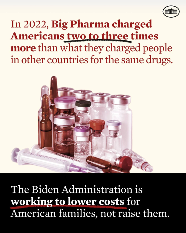 Ein Plakat, auf dem steht, dass Big Pharma 2022 Amerikaner zwei bis drei Mal mehr für dieselben Medikamente berechnet hat, mit Bildern von Medikamentenflaschen und einer Spritze darunter.