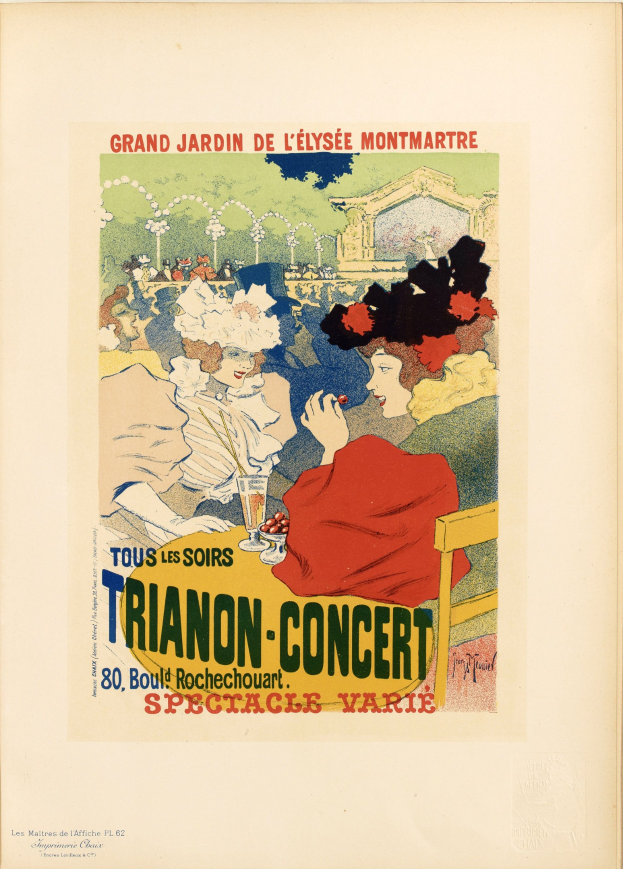 Plakat für ein Trianon-Konzert im Grand Jardin de L'Elysée Montmartre, das Menschen zeigt, die um einen Tisch sitzen, mit einem Weinglas in der Mitte und Veranstaltungstexten