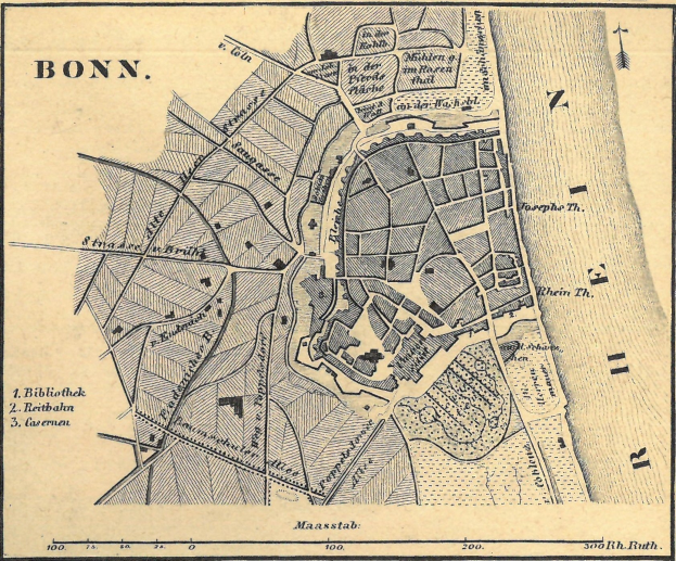 Detailiertes altes Stadtplan von Bonn, Deutschland, zeigt Straßen, Gebäude und Sehenswürdigkeiten mit Text.