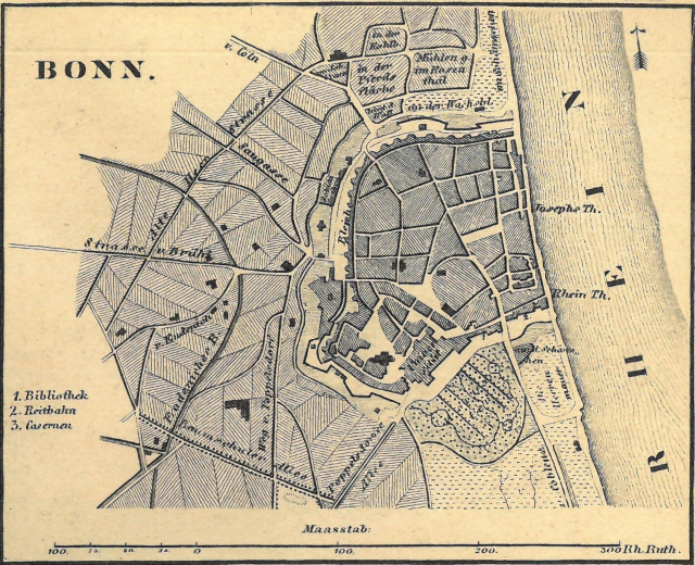 Detailiertes altes Stadtplan von Bonn, Deutschland, zeigt Straßen, Gebäude und Sehenswürdigkeiten mit Text.