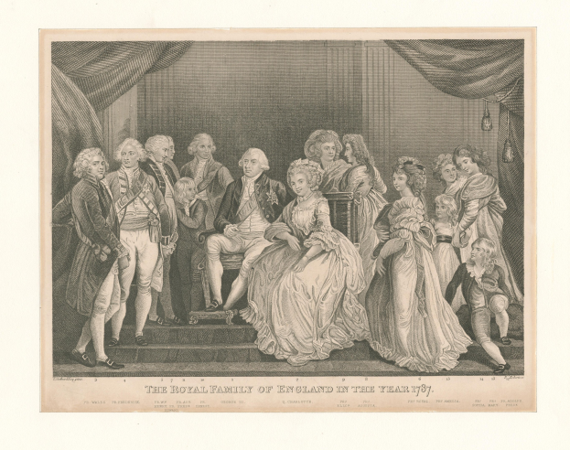 Eine Gruppenporträt der englischen Königsfamilie im Jahr 1787, das auf einer Treppe steht und sitzt, mit Vorhängen im Hintergrund, begleitet von Text unten.