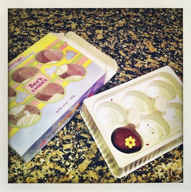 Ein Karton mit Tierbildern und Text neben einem Tablett mit Essen, das auf einem steinernen Sockel steht.