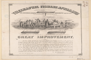 Ein altes Buch mit einer Zeichnung von Menschen beim Angeln, einige halten Ruten und andere sind auf einem Boot, mit beschreibendem Text auf der Seite.