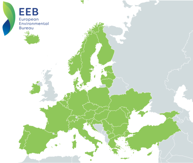 Eine Europakarte mit dem Logo des Europäischen Umweltbüros in der linken oberen Ecke, die in verschiedenen Grüntönen schattiert ist, um die verschiedenen EU-Regionen darzustellen.
