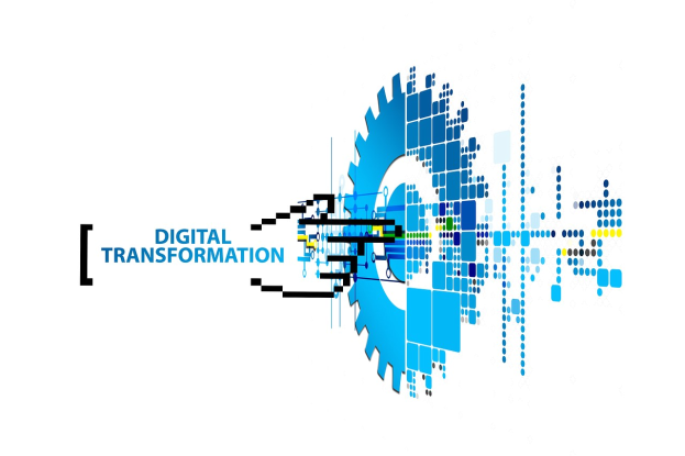 Ein digitales Transformationslogo mit dem Text "Digital Transformation" in der Mitte auf einem weißen Hintergrund, das ein Design aus blauen, schwarzen und gelben Punkten zeigt.