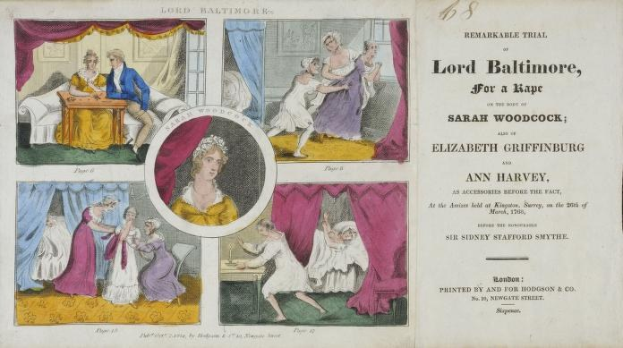 Eine historische Illustration, die einen Prozess von Lord Baltimore zeigt, mit einem Papier, auf dem Porträts, Vorhänge und Text zu sehen sind.