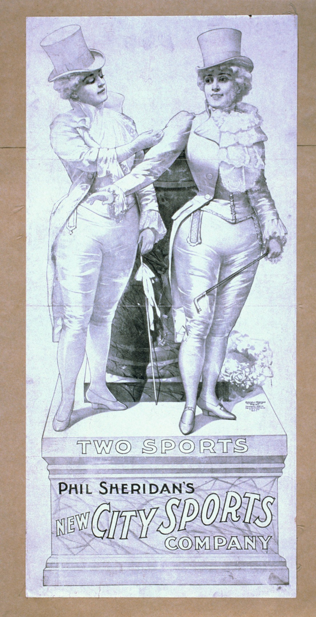 Plakat für die neue Sportstadt GmbH von Phil Sheridan mit zwei Personen nebeneinander und Text, der die Firma und ihre Dienstleistungen beschreibt.