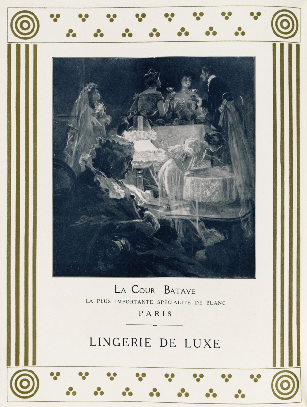 Schwarzer und weißer Plakatwerbung für "Lingerie de Luxe" mit einer Gruppe von Menschen in luxuriöser Kleidung an einem Tisch sitzend.