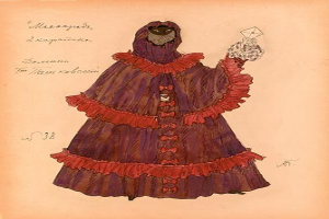 Eine Zeichnung einer Frau in einem purpurroten und roten Kleid mit einer Kapuze und detaillierten Elementen, die ein Objekt hält, mit der Beschriftung "Modeentwurf für eine Frau in einem purpurroten und roten Kleid".