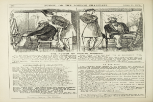 Ein altes Buchcover mit einem Mann in einem Stuhl sitzend und einer Frau danebenstehend, die nachdenklich aussieht, mit der Aufschrift "Die Macht der öffentlichen Meinung" auf der Seite.