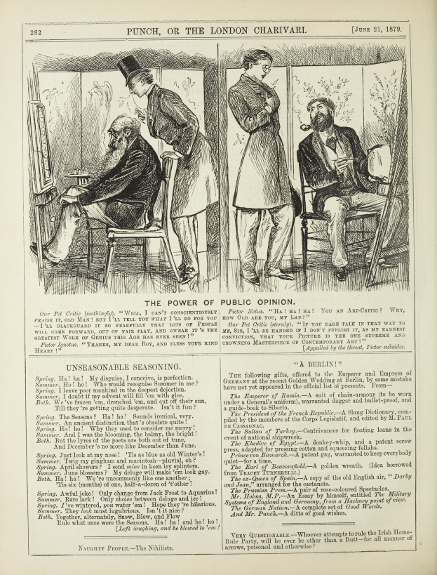 Ein altes Buchcover mit einem Mann in einem Stuhl sitzend und einer Frau danebenstehend, die nachdenklich aussieht, mit der Aufschrift "Die Macht der öffentlichen Meinung" auf der Seite.