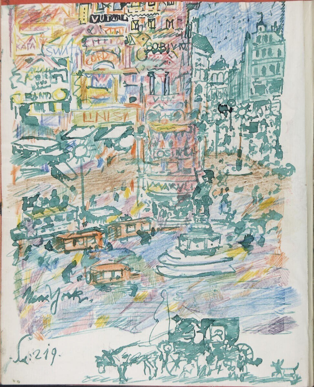 Buchumschlag mit einer illustrierten Stadtansicht mit Gebäuden, Fahrzeugen, Menschen, einem Brunnen und Text.