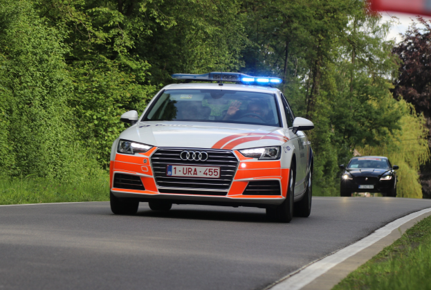 Polizeiauto fährt auf einer Straße neben einem Wald mit zwei Personen darin, umgeben von Gras und Bäumen unter einem klaren blauen Himmel.