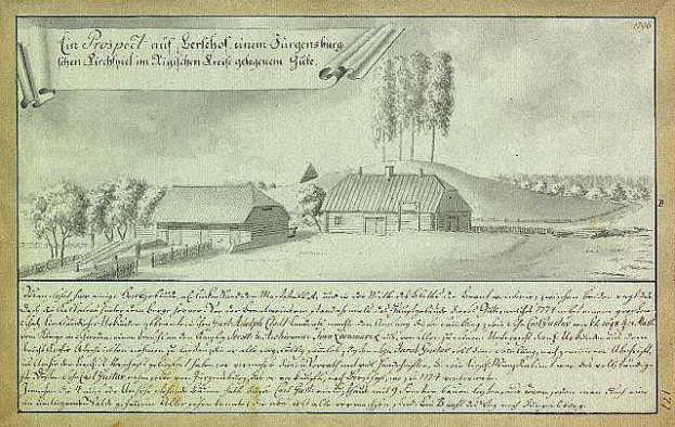Ein altes Dokument mit einer Zeichnung einer Farm in einem Feld, umgeben von Häusern, Bäumen und einem Himmel, mit der Aufschrift "Surgensburg, Deutschland - Landschaft einer Farm".