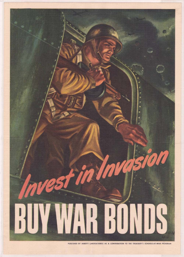 Plakat mit einem Soldaten in Helm und militärischer Uniform, der eine Waffe hält, mit der Aufschrift "Investiere in die Invasion, kaufe Kriegsanleihen" darüber, die Entschlossenheit vermittelt.