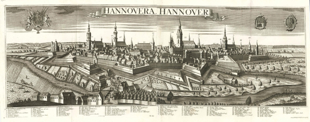 Schwarz-weißes Gravurbild von Hannover, Deutschland, mit zentralen Stadtgebäuden und Bäumen sowie Text oben und unten.