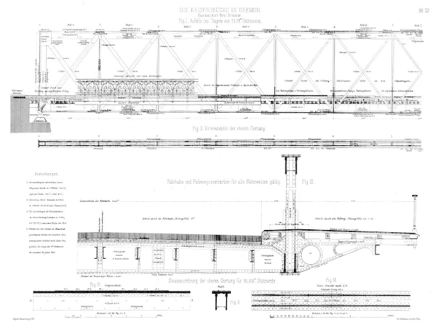 Detailzeichnung einer Brücke mit der Bezeichnung "Kaiserbrücke in Bremen" und begleitendem Text auf dem Papier.