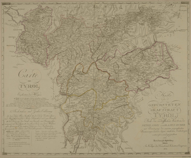 Ausführliche alte Karte von Tirol, Deutschland, mit Städten, Dörfern, geografischen Merkmalen und Text mit zusätzlichen regionalen Informationen.