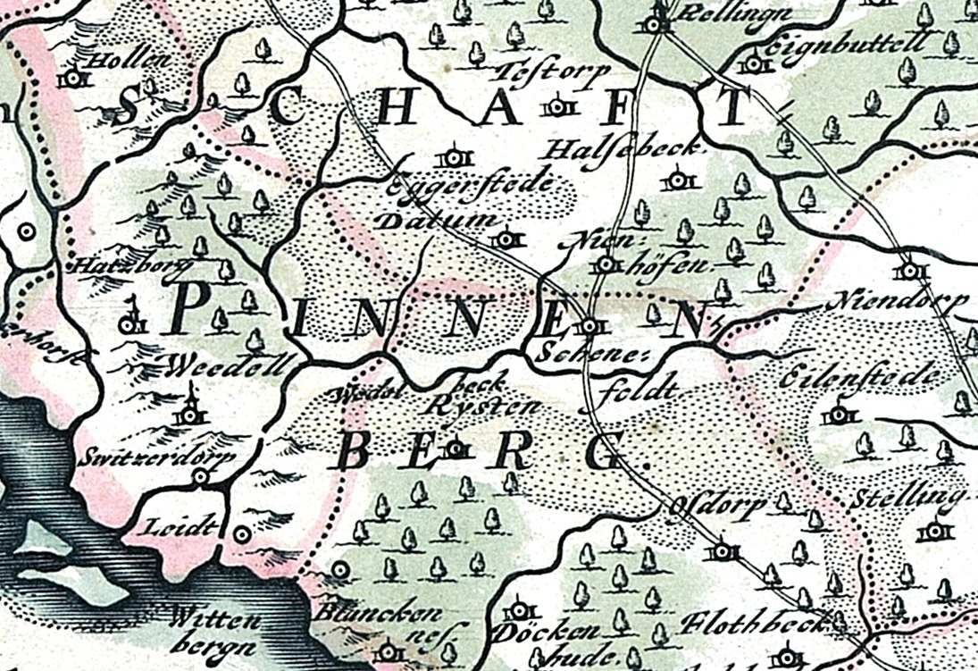 Detailierte alte Karte von Painen, Deutschland, mit Straßen, Gebäuden und Sehenswürdigkeiten sowie zusätzlichem Text zu Bevölkerung, Straßen und bemerkenswerten Merkmalen.