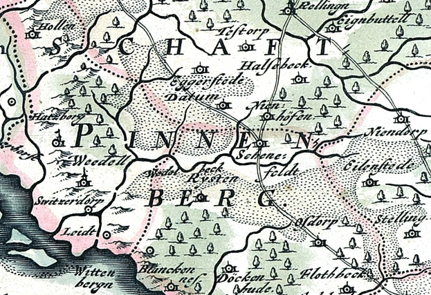Detailierte alte Karte von Painen, Deutschland, mit Straßen, Gebäuden und Sehenswürdigkeiten sowie zusätzlichem Text zu Bevölkerung, Straßen und bemerkenswerten Merkmalen.