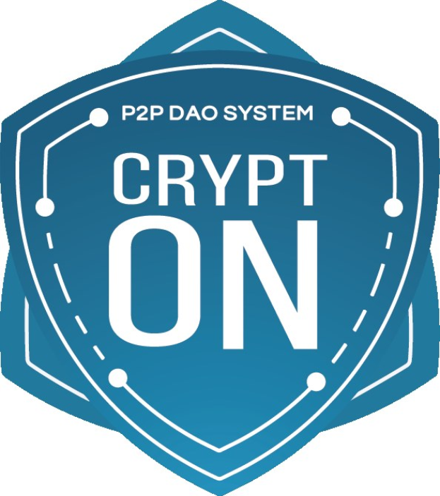 Ein blauer Schild mit dem Text "Crypt On" auf einem weißen Hintergrund.