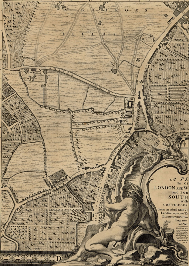Ein detailliertes London- und Umgebungs-Kartenposter mit einer zentralen Skulptur einer Person.