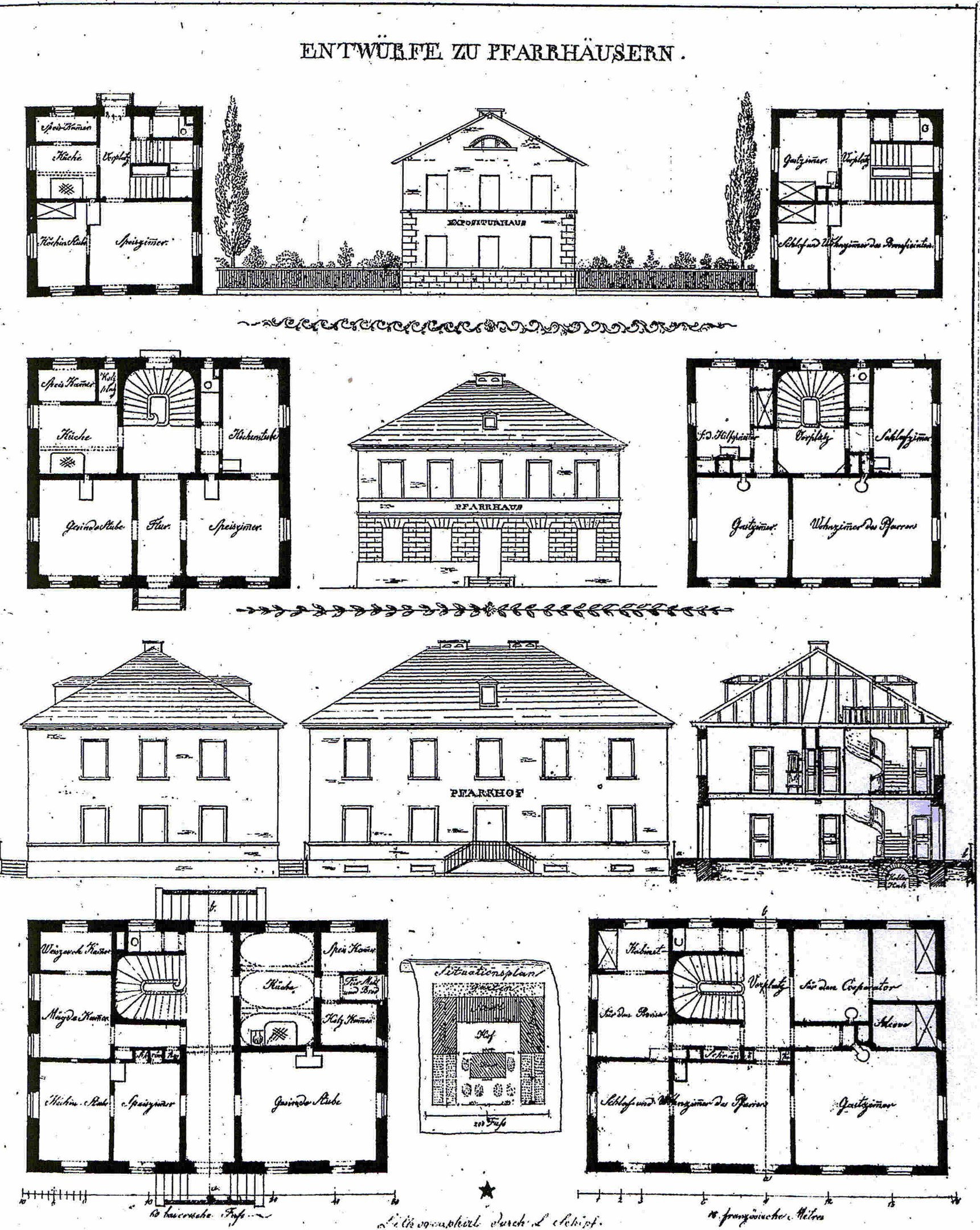 Schwarz-weißer Architekturentwurf eines Hauses mit zahlreichen Fenstern, umgeben von Bäumen, beschriftet mit "Pläne für ein Haus in Deutschland".