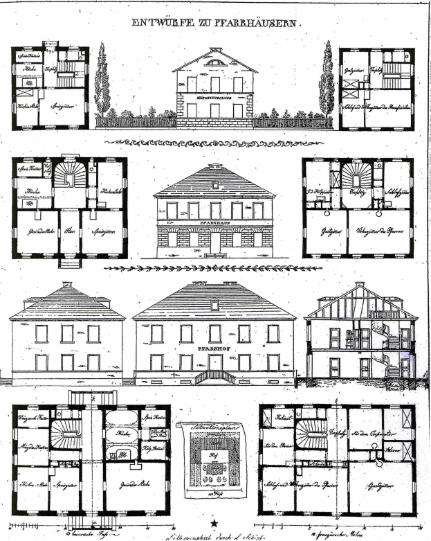 Schwarz-weißer Architekturentwurf eines Hauses mit zahlreichen Fenstern, umgeben von Bäumen, beschriftet mit "Pläne für ein Haus in Deutschland".