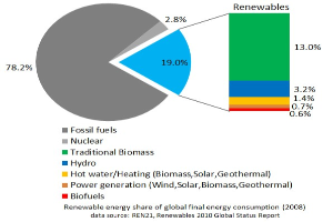 Eine Kreisdiagramm-Illustration des globalen erneuerbaren Energieverbrauchs im Jahr 2008, aufgeteilt nach Quellen wie fossile Brennstoffe, Kernenergie, Wasserkraft, Heißwasser, Heizung, Biomasse, Solarenergie, Geothermie und Biokraftstoffe.