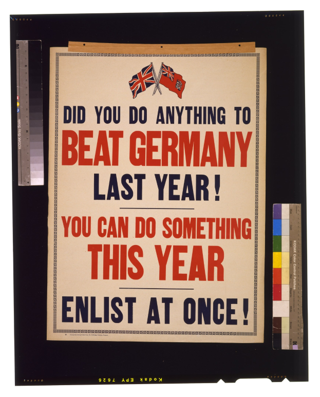 Plakat mit fettem schwarzem Text auf einem weißen Hintergrund, eingerahmt von einem schwarzen Rand, mit der Botschaft "Hast du etwas dazu beigetragen, Deutschland letztes Jahr zu schlagen? Du kannst dieses Jahr etwas tun - melde dich jetzt an!"