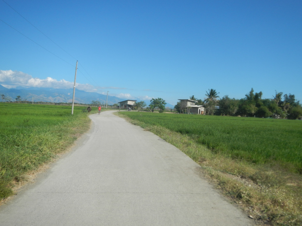 Schotterstraße, die durch ein grünes Feld mit Fahrradfahrern führt, gesäumt von Pflanzen und Gras, führt zu einem Strommast, Häusern, Bäumen, Hügeln und einem bewölkten Himmel.