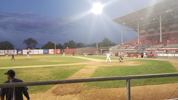 Baseballspiel im Gange mit Zuschauern auf den Rängen, Stadiongeländer im Vordergrund, Bäume, Mäste, Lichter und Werbetafeln unter einem klaren blauen Himmel.