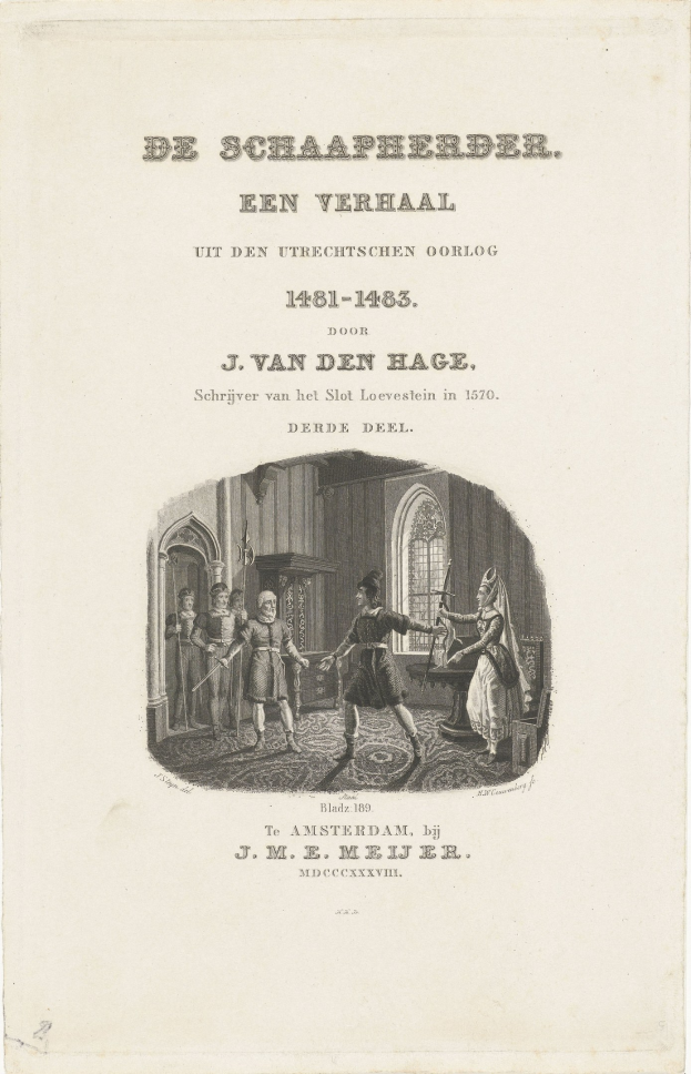 Altes Buch mit einer handgezeichneten Illustration von Menschen, die sich darauf unterhalten, und sichtbarem Text auf den Seiten.