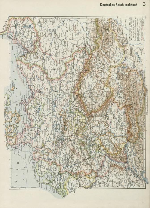 Eine Karte von Deutschland aus dem 19. Jahrhundert, die seine politischen Teilungen zeigt, auf Papier gedruckt mit Text oben und unten.