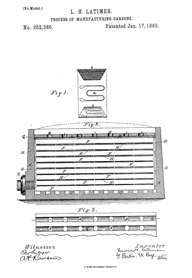 Eine Patentzeichnung einer Maschine mit der Aufschrift "Patent Nr. 252,386 - Verfahren zur Herstellung von Karbonen" auf einem weißen Hintergrund.