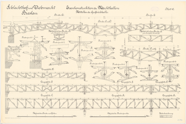 Ausführliches architektonisches Zeichnung eines Brücken auf Papier mit begleitendem erklärendem Text.