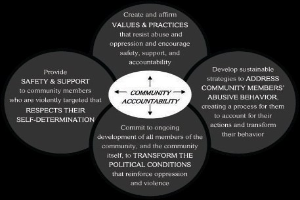 Ein Diagramm mit der Überschrift "Verantwortung in der Gemeinschaft" und einem zentralen Kreis, der durch Pfeile mit drei überlappenden Kreisen verbunden ist, alle in fetter, leuchtender Farbe.